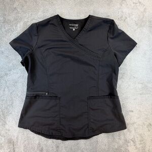 Scrubology Scrub Top Women L Mock Wrap Dk Navy Charcoal Stretch Medical Uniform